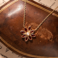 Jewelry Set - Garnet Mother Pearl Floral Ring & Necklace 