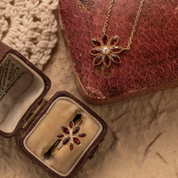 Jewelry Set - Garnet Mother Pearl Floral Ring & Necklace 