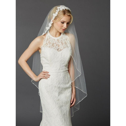 Mariell Gorgeous Beaded Edge Silver Lace Fingertip Bridal Veil